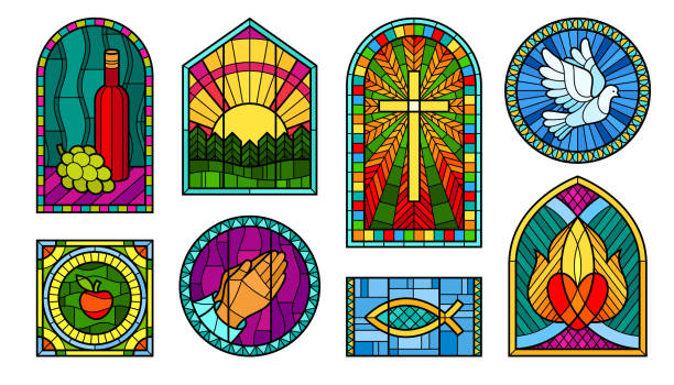 ilustraciones, imágenes clip art, dibujos animados e iconos de stock de vidrieras de la iglesia conjunto contorno de obras de arte vectorial ornamental marco interior religioso - gothic style castle church arch