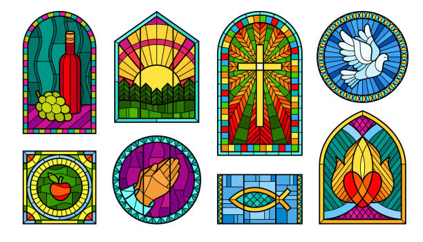 illustrazioni stock, clip art, cartoni animati e icone di tendenza di vetrate della chiesa set contorno vettoriale arte ornamentale religioso interno cornice - cross border