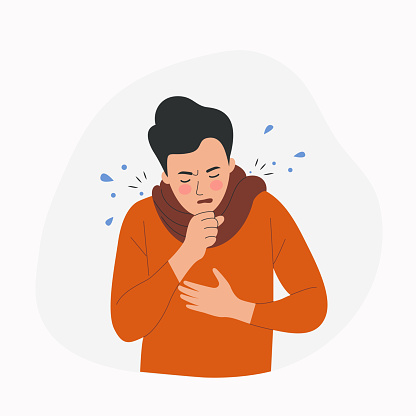 Young ill man cough isolated. Vector flat style cartoon illustration