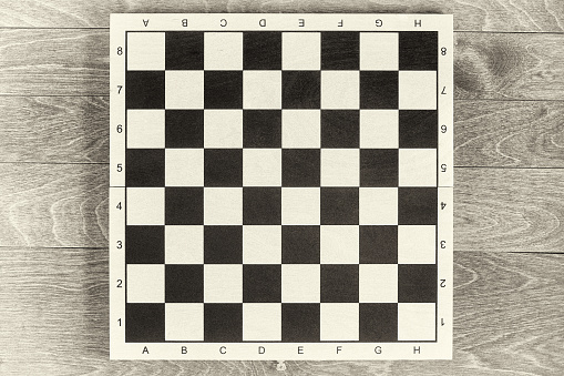Vintage film image of old classic chessboard as a template. Mockup for education