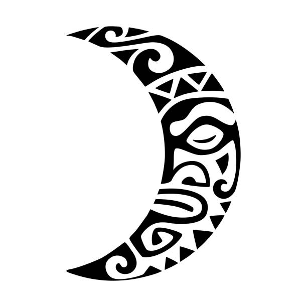 illustrazioni stock, clip art, cartoni animati e icone di tendenza di luna in stile maori polinesiano. schizzo del tatuaggio - tatuaggi maori