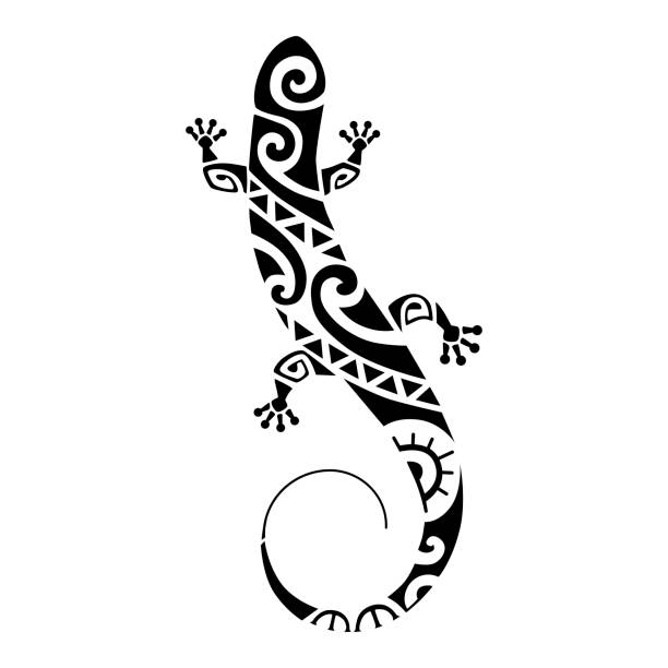 eidechse oder gecko im maori-polynesien-stil. tattoo skizze - sculpture art abstract white stock-grafiken, -clipart, -cartoons und -symbole