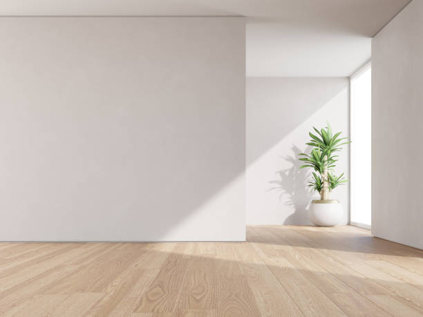 3d rendering of empty room with wooden floor and concrete wall. 3d rendering of empty room with wooden floor and concrete wall. parquet floor perspective stock pictures, royalty-free photos & images