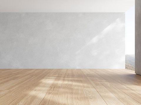 3d rendering of empty room with wooden floor and concrete wall.
