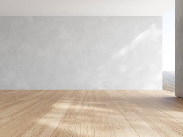 3d rendering of empty room with wooden floor and concrete wall 3d rendering of empty room with wooden floor and concrete wall. hardwood floor stock pictures, royalty-free photos & images