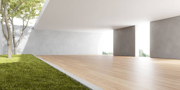 istock 3d rendering of empty room with wooden floor and concrete wall. 1421886350