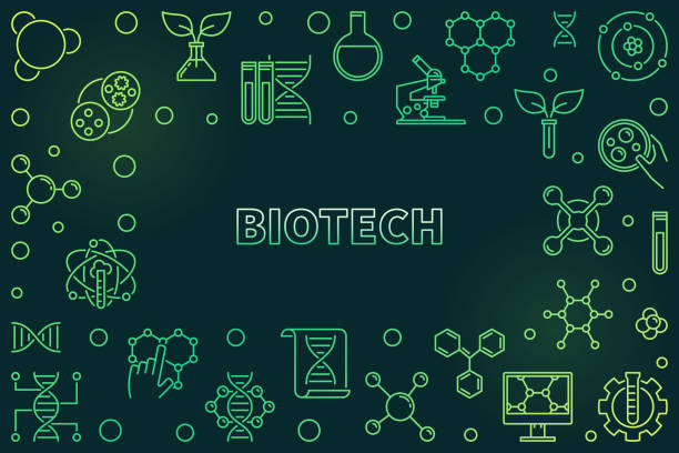 Biotech green horizontal frame or illustration in outline style Biotech concept green horizontal frame or illustration in thin line style on dark background laboratory technician icon stock illustrations