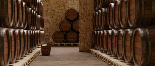 istock Warehouse with barrels for wine, whiskey, or other alcohol. 3D Rendering 1421886891