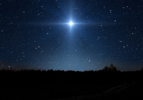 Bright star, starry sky and forest silhouette. Star indicates the Nativity of Jesus Christ in the starry sky.