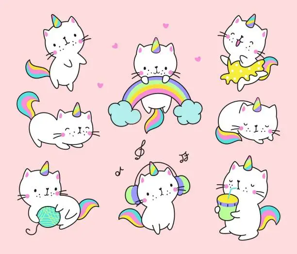 Vector illustration of Cat unicorn. Kawaii cats, fun unicorns kitty characters. Pastel cute animals with rainbow and drinks, dreaming caticorn pet baby nowaday vector stickers