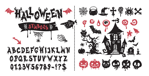 Halloween Spooky Font and Symbols Collection. Spooky shapes makes it quick and easy to customize your fun and horror projects.