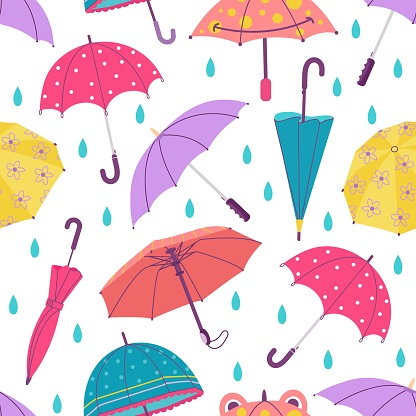 Umbrella and rain drops seamless pattern. Hand drawn doodle umbrellas, autumn or spring season weather. Abstract cute childish decent vector background rain seamless pattern illustration