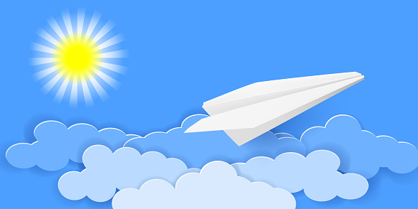 Paper plane in the cloudy sky. Blue sky background and flying paper plane. Paper cut out style. Vector illustration