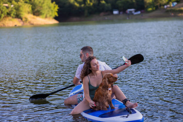 istock Young woman is making selfie while paddleboarding with her bofriend and dog 1421892264