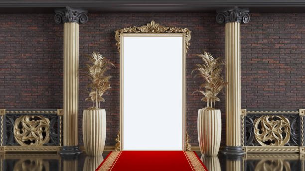 검은 색과 금색 기둥 사이의 황금 프레임 문, 장벽과 벨벳 로프가있는 레드 카펫 입구. - carpet red nobility rope 뉴스 사진 이미지