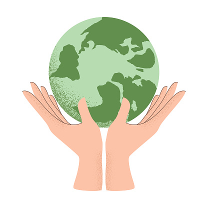 Vector illustration of human hands holding Earth globe, Concept of World Environment Day, Save the Earth, sustainability, ecological zero waste lifestyle, nature protection