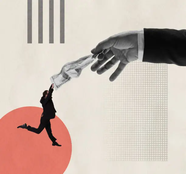 Photo of Contemporary art collage. Conceptual image. Businessman catching money given by a hand