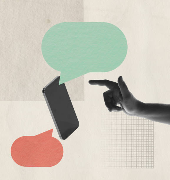 istock Contemporary art collage. Conceptual image. Male hand reaching phone screen with speech bubble appearing 1421896717