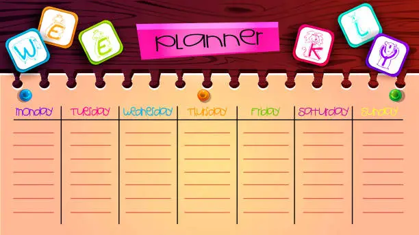 Vector illustration of Concept of elementary school education in cartoon style. Weekly planner, weekly schedule, daily routine, to-do table with colorful cubes on wooden background. Stylish web template for online order, web page.
