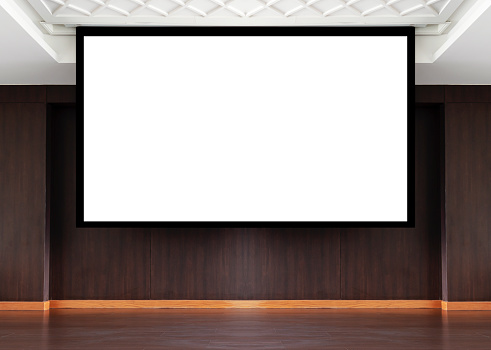 3D render projector white screen background on stage in meeting room