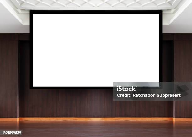 3d Render Projector White Screen Background On Stage In Meeting Room Stock Photo - Download Image Now