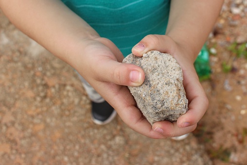 A child's hands holding a rock while playing outdoors in a park.