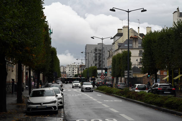 Rennes, France, september 6, 2022 : Boulevard de la Liberté in the city of Rennes on a stormy day