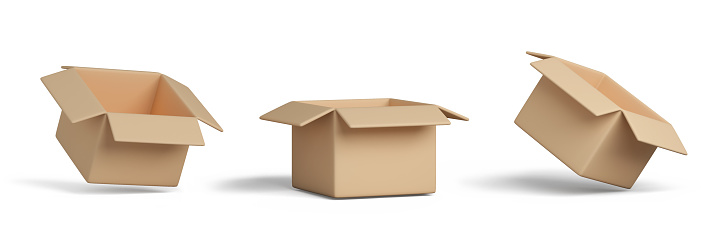 Collection of various open cardboard boxes on white background, 3D rendering illustration
