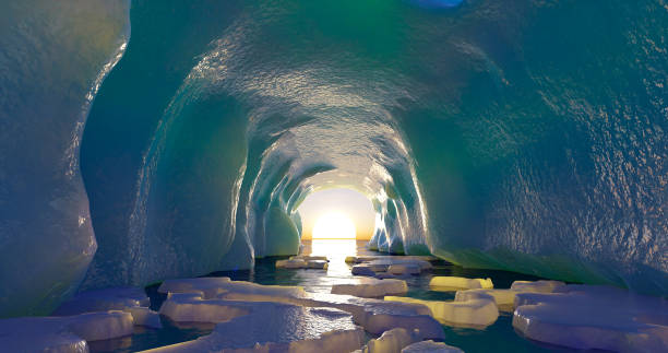 istock 3d rendering. An arctic glacier with an ocean tunnel and small ice floes floating around against a blue sky with clouds. 1421902048