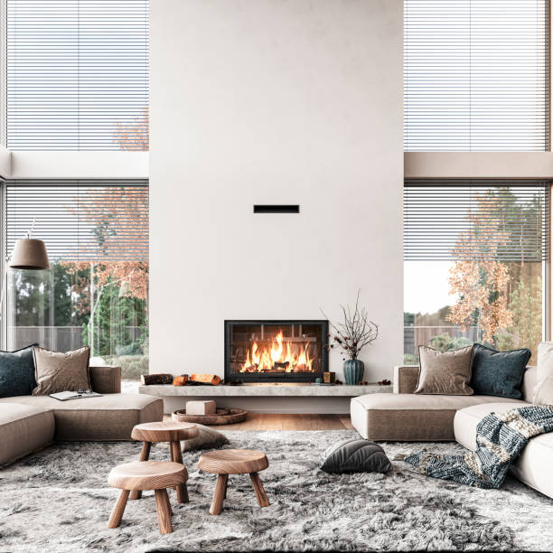 cozy, luxury and modern living room with large windows, sofa, decoration and fireplace - showcase interior imagens e fotografias de stock