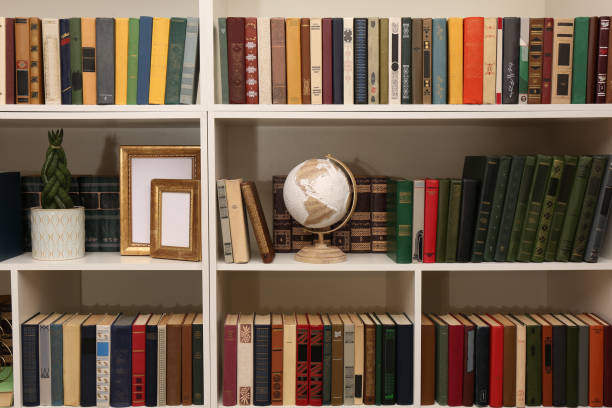 istock Collection of different books and decorative elements on shelves in home library 1421903009