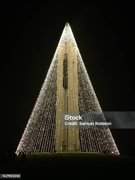 Bell Tower Lit Up For The Holidays Stock Photo - Download Image Now - Dayton - Ohio, Downtown District, Bell Tower - Tower