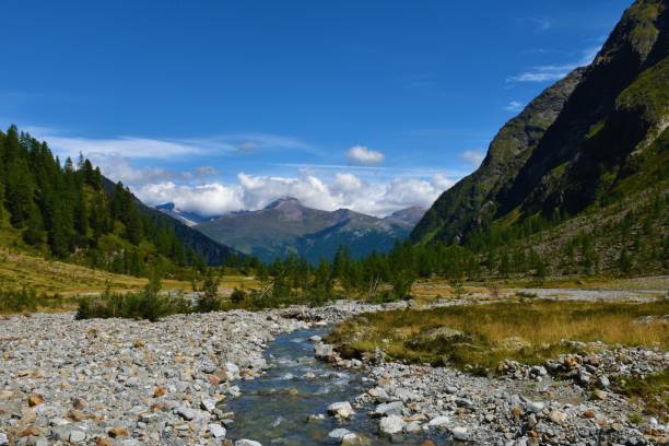 Stream flowing through Gradenmoos basin in Gradental valley in Schober group sub-range of Hohe Tauern in Central Eastern Alps, Carinthia, Austria and the peak of Stanziwurten peak in Goldberg Group corriente que fluye a través de la cuenca de gradenmoos en el valle de gradental en la subcordillera del grupo schober de hohe tauern en los alpes orientales centrales, carintia, austria y el pico del pico stanziwurten en el grupo goldberg