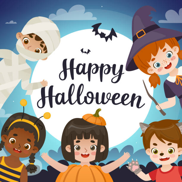 illustrations, cliparts, dessins animés et icônes de félicitations d’halloween avec des enfants déguisés. mignons enfants de dessins animés lors de la fête d’halloween. - halloween witch child pumpkin