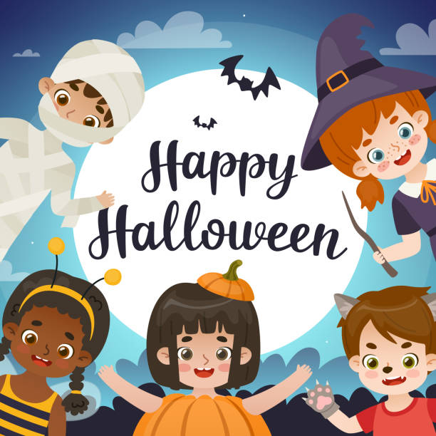 ilustrações de stock, clip art, desenhos animados e ícones de halloween congratulation with kids dressed up in costumes. cute cartoon children on halloween party. - halloween witch child pumpkin
