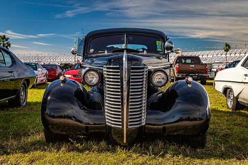 Daytona Beach, FL - November 24, 2018: Low perspective front view of a 1938 Buick 8 Special Series 40 Touring Sedan Model 41 at a local car show.