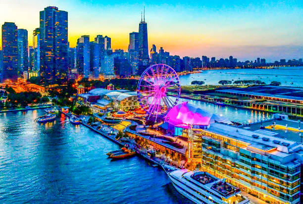 Chicago,IL Navy Pier Twilight Aerial Photo ferris wheel stock pictures, royalty-free photos & images