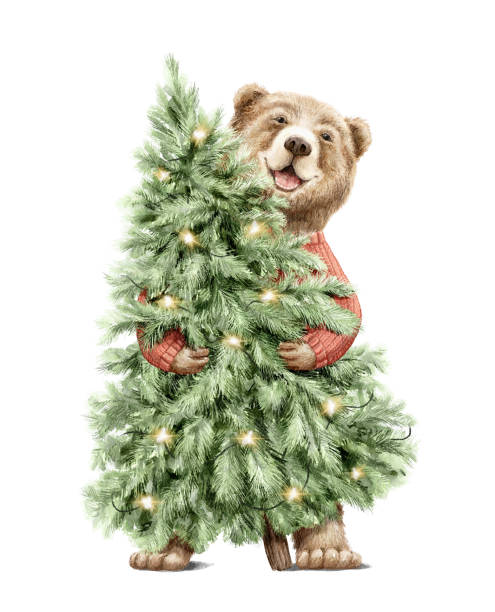ilustraciones, imágenes clip art, dibujos animados e iconos de stock de acuarela oso de dibujos animados de navidad en la ropa sosteniendo un árbol de navidad con arland - christmas humor fun art