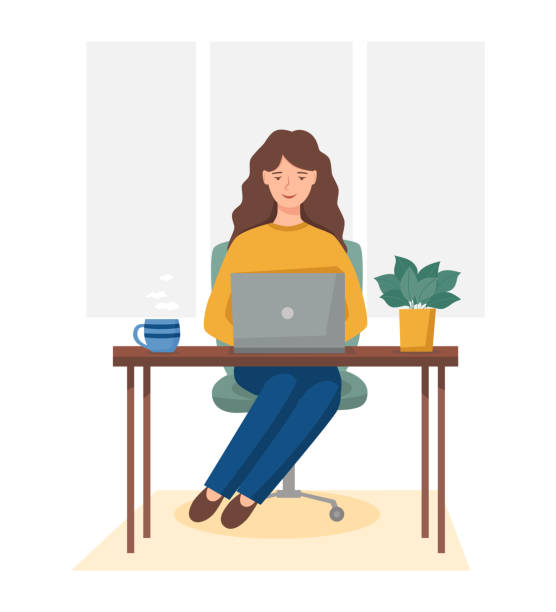 Woman with laptop Woman works on a computer at the table telecommuting stock illustrations