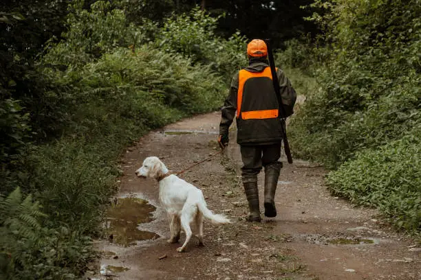 Photo of mature male hunter in modern clothes walking with his dog on dirt road