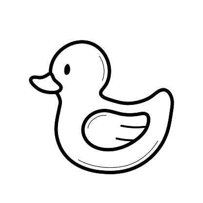 Bath rubber duck. Hand drawn sketch icon of baby toy. Isolated vector illustration in doodle line style.