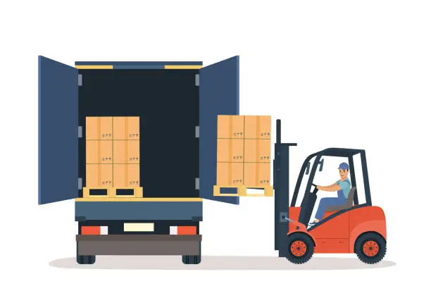 Vector illustration of Forklift worker unloads truck. Vector illustration.