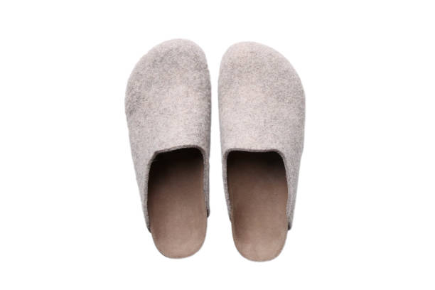 istock Pair of soft home felt or wool slippers isolated on white background top view 1421925237