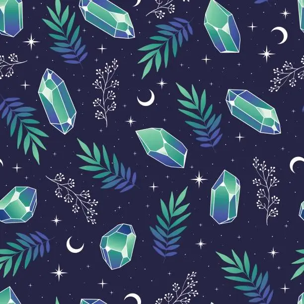 Vector illustration of Seamless pattern with green crystals, herbs, crescents and stars.