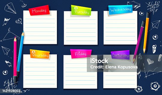 istock Concept of elementary school education in cartoon style. Weekly planner, weekly schedule, daily routine, to-do table. Colored pencils with freehand drawings on an abstract colored background. Stylish web template for online order, web page. 1421928003