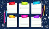 istock Concept of elementary school education in cartoon style. Weekly planner, weekly schedule, daily routine, to-do table. Colored pencils with freehand drawings on an abstract colored background. Stylish web template for online order, web page. 1421928003