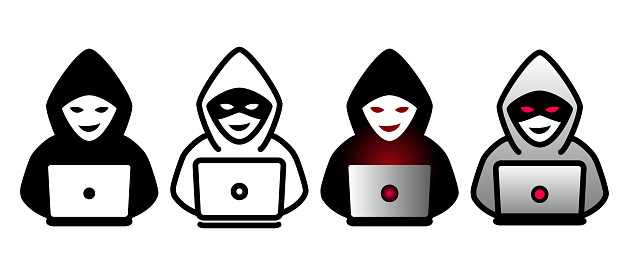 Vector icon illustration material set of a hacker group performing a cyber attack wearing a hood