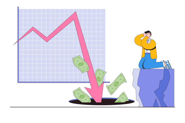 金融危機、事業破綻、経済崩壊、破産、デフレ、インフレの概念で利益投資を失う。下矢印チャートで穴に落ちるお金を見ているパニックビジネスマン - trade deficit点のイラスト素材／クリップアート素材／マンガ素材／アイコン素材