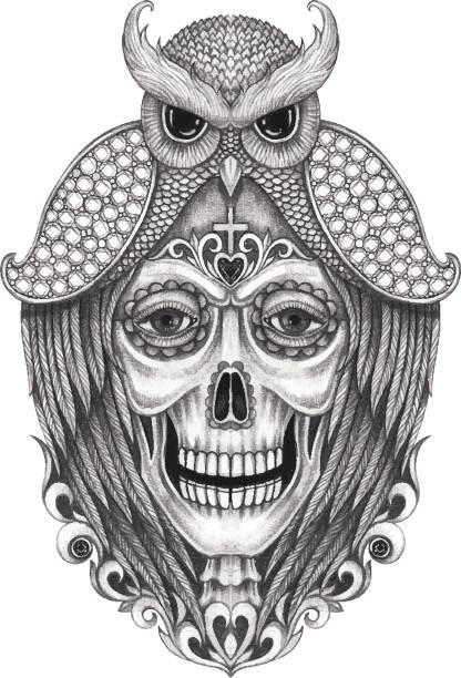 Art fantasy owl mix skull day of the dead. Hand drawing and make graphic vector. dead bird stock illustrations
