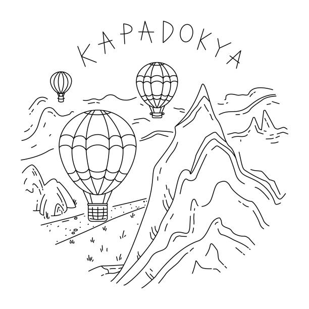 Kapadokya Hot air balloons flight in Cappadocia, Turkey. One line illustration. Simple and minimalist representation of hot air balloons. cappadocia balloon stock illustrations